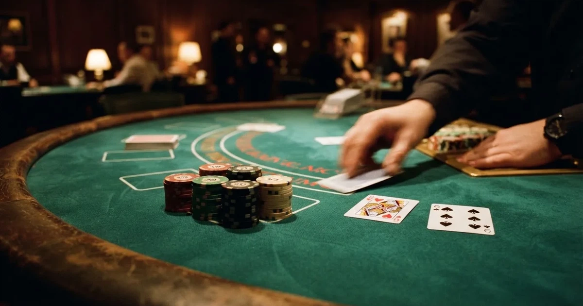 En närbild av ett grönt blackjackbord med kortlek, spelmarker i olika färger och suddiga händer som delar korten i mjukt ljus.
