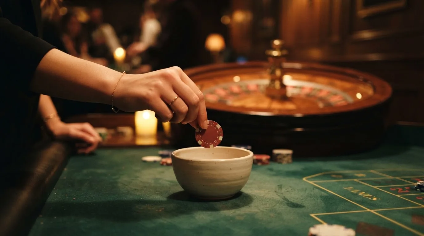 En hand lyfter en spelmark ur en skål, ljuslågan färgar bordet gyllenbrunt — spela roulette i sverige
