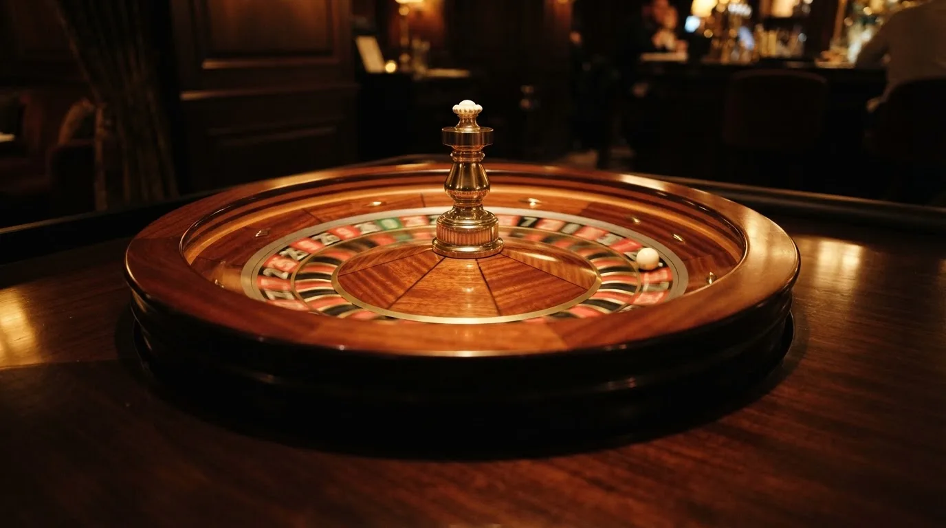 Ett roulettehjul snurrar på ett blankt träbord, den vita kulan glimmar i takljusets guld — spela spelautomater i sverige