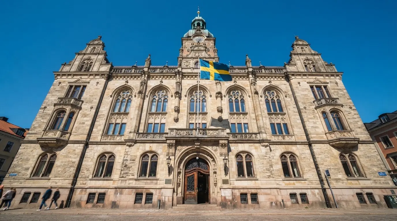 Ett gammalt stadshus i sten fotograferat underifrån mot en klarblå himmel, med den svenska flaggan som fladdrar ovanför entrén.