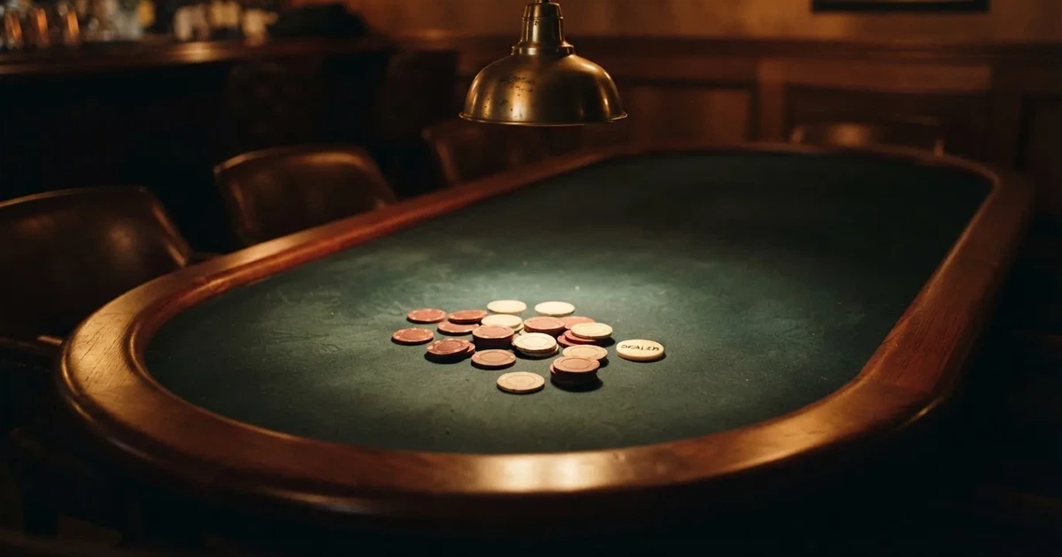 Ett ovalt pokerbord under en lågt hängande lampa, med spelmarker och en vit bricka i ljuset — spelautomater på nätet