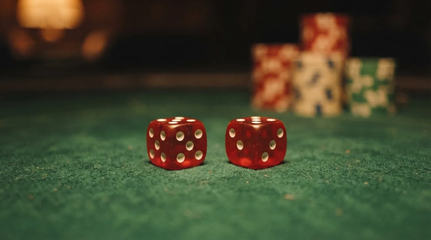 Röda tärningar vilar på grönt filt, bakom dem suddiga torn av spelmarker i kvällsdunklet — svenska casinon för high rollers