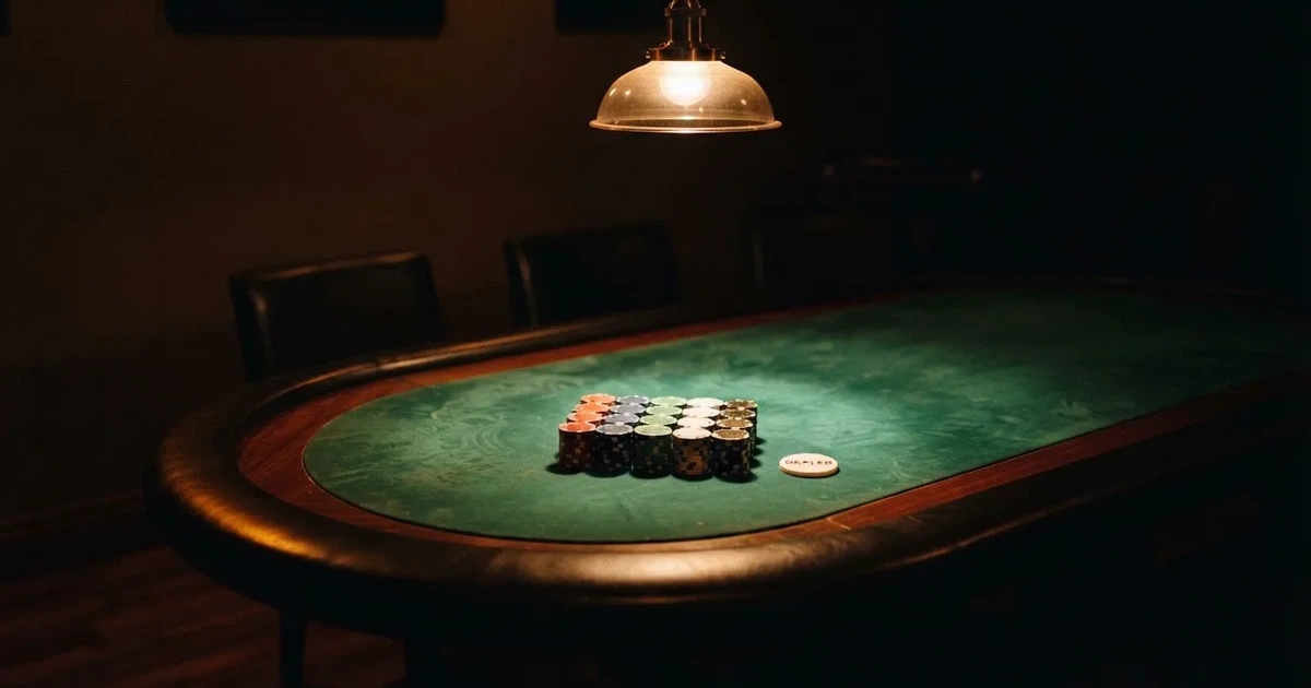Ett ovalt pokerbord under en lågt hängande lampa, med spelmarker och en vit bricka i ljuset — svenska casinon för high rollers