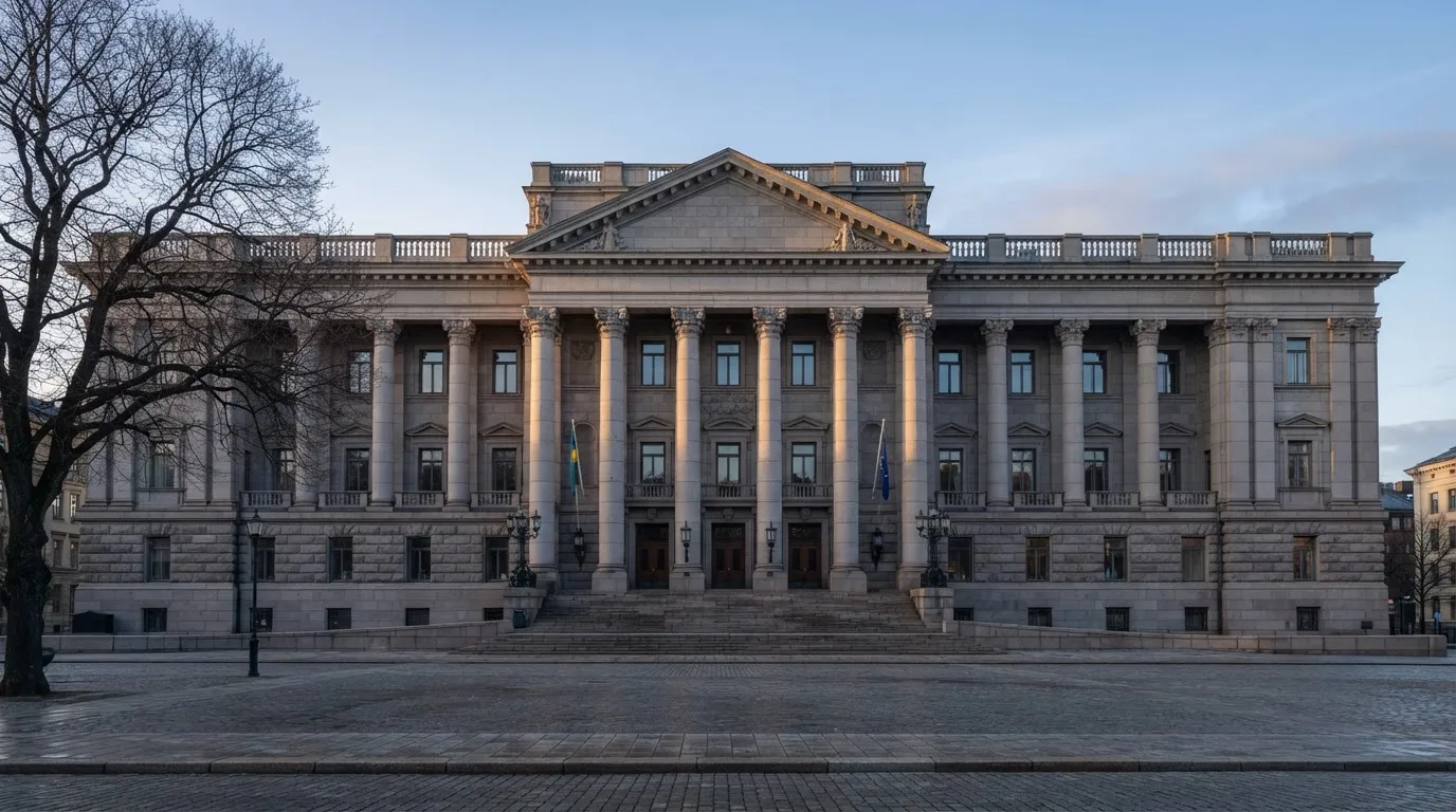 Stenfasad på en statlig byggnad i Stockholm vid gryning, höga pelare och ett tomt torg framför — svenska casinon för high rollers