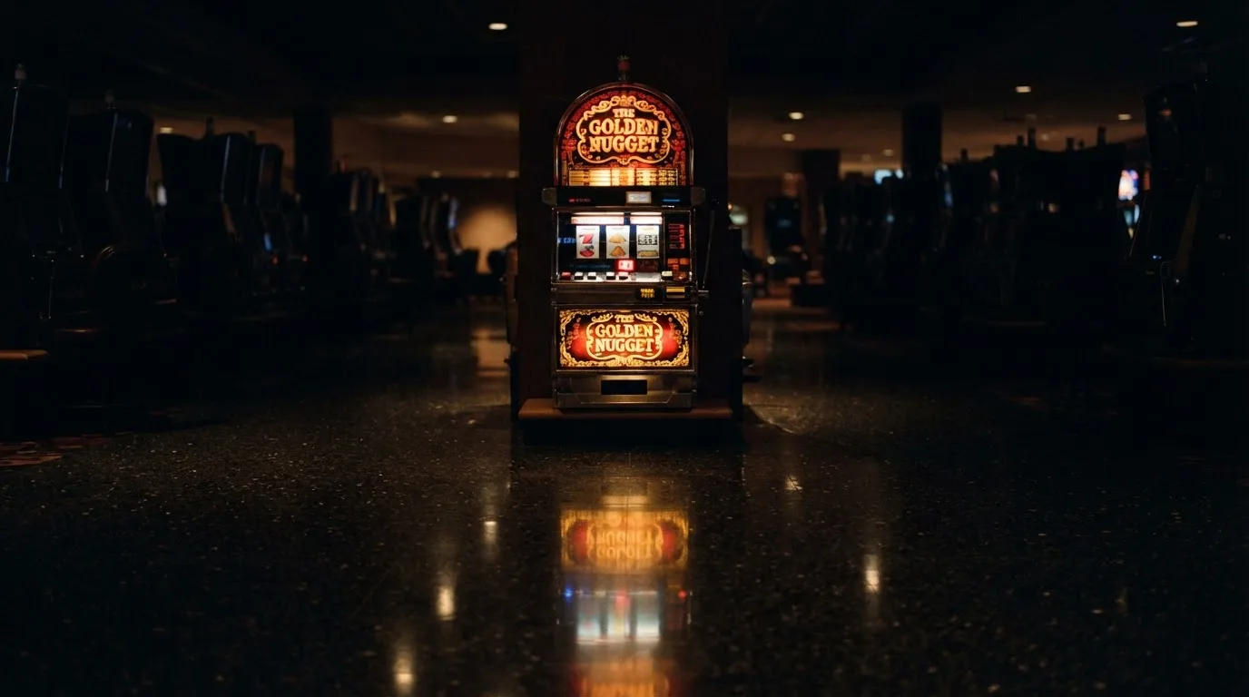 En gammal spelautomat lyser i den dunkla hallen och speglar sig i golvet — svenska casinon för storspelare