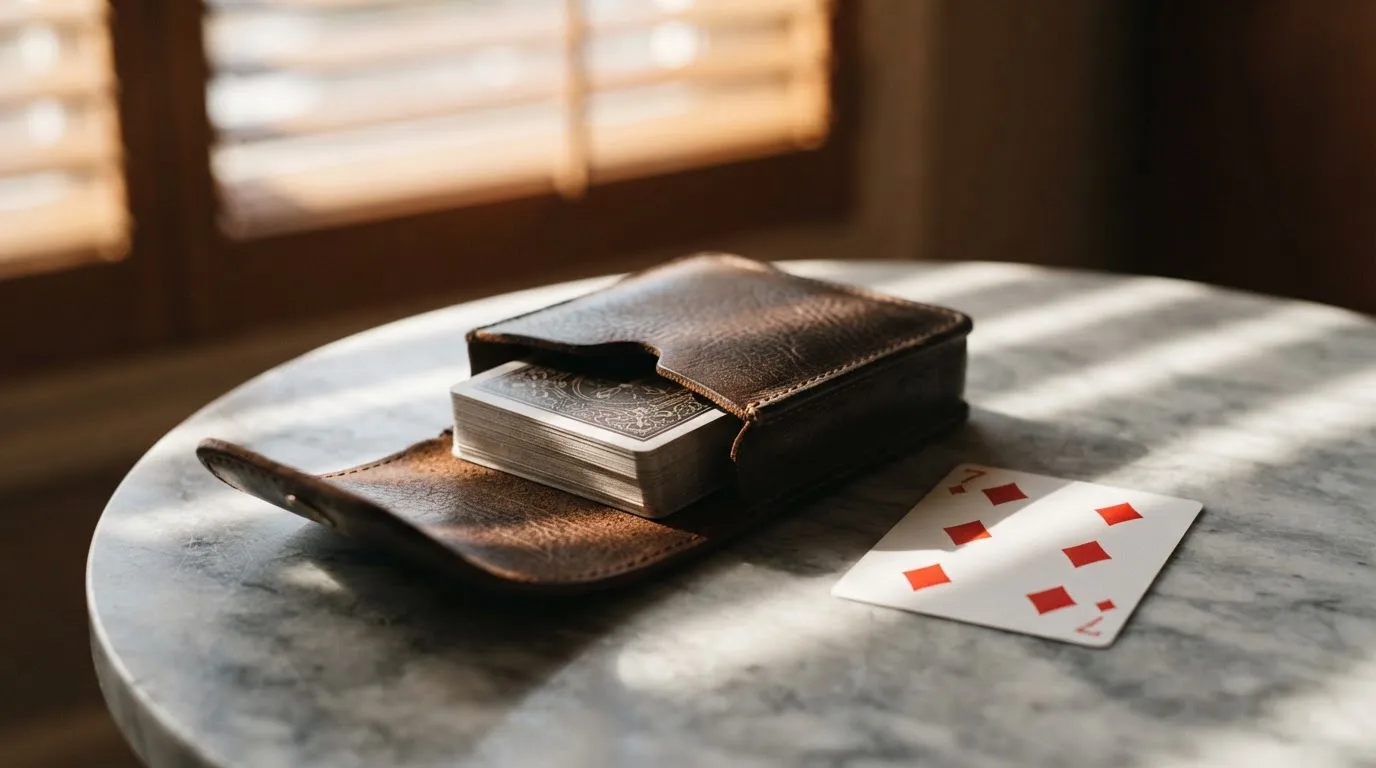 En kortlek i läderfodral vilar på ett marmorbord, morgonsolen strålar genom persienner — svenska casinon med apple pay