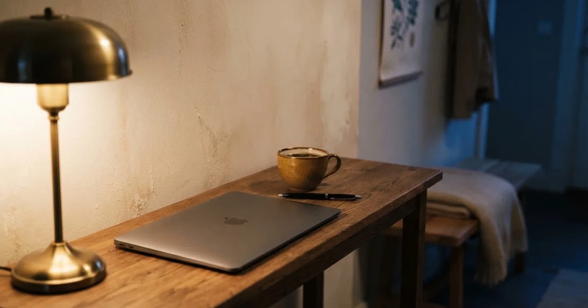 Kaffekopp och penna på ett smalt hallbord i skymning, en stängd bärbar dator vid sidan — svenska casinon med astropay
