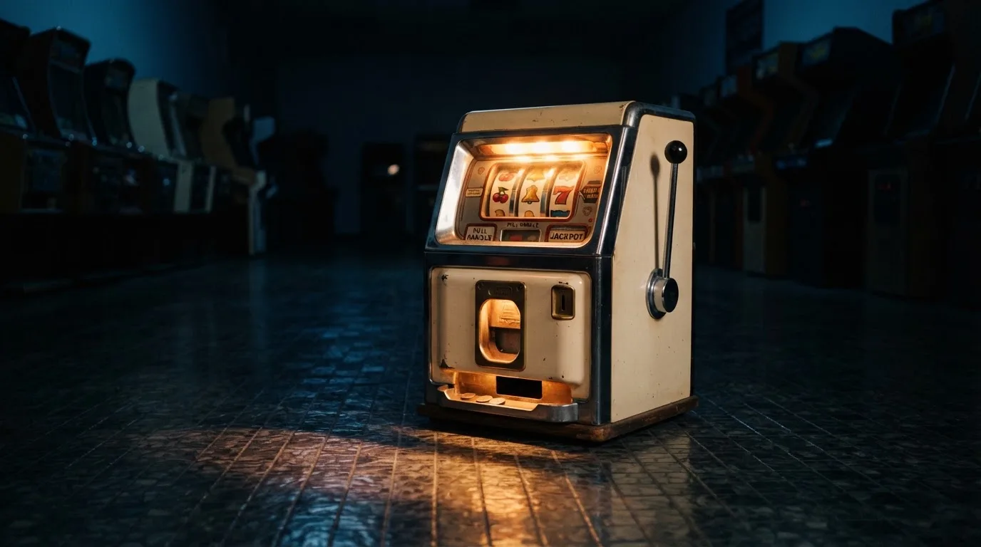 En gammal spelautomat lyser i den dunkla hallen och speglar sig i golvet — svenska casinon med banköverföring
