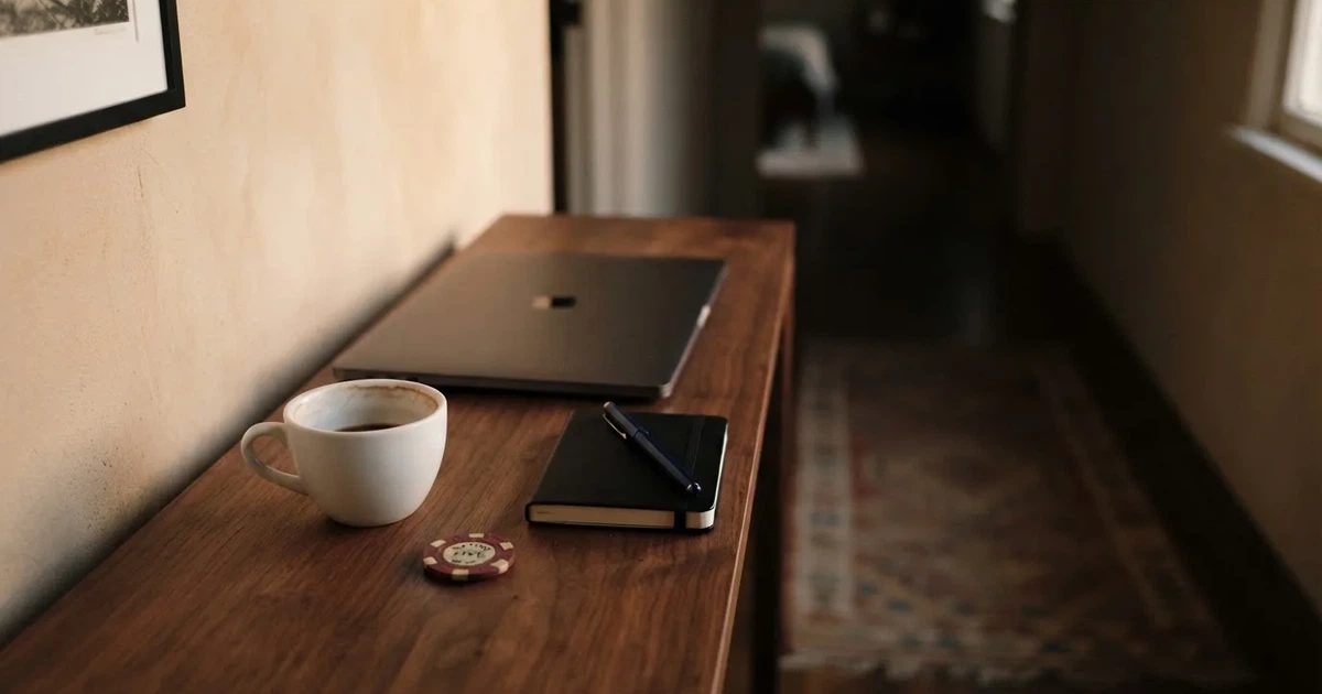 Kaffekopp och penna på ett smalt hallbord i skymning, en stängd bärbar dator vid sidan — svenska casinon med banköverföring