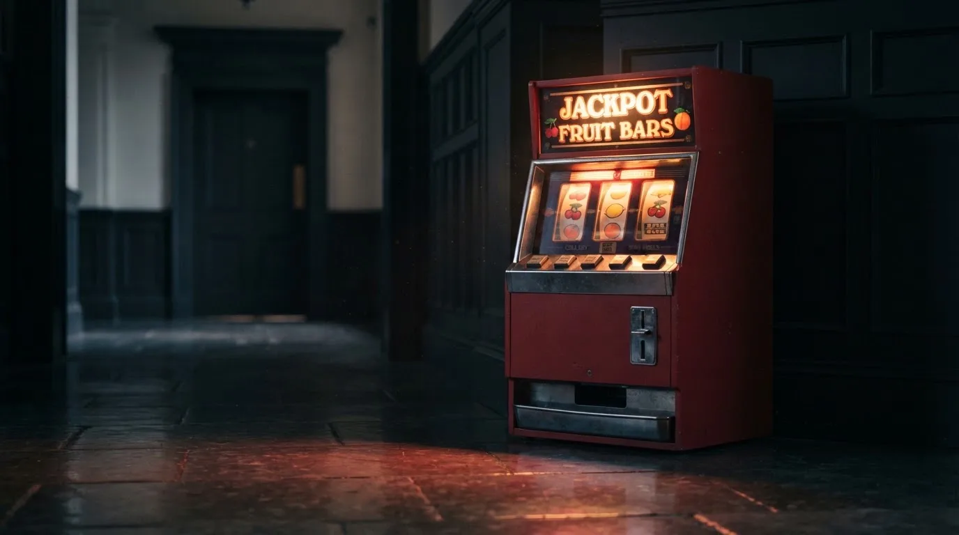 En gammal spelautomat lyser i den dunkla hallen och speglar sig i golvet — svenska casinon med bitcoin