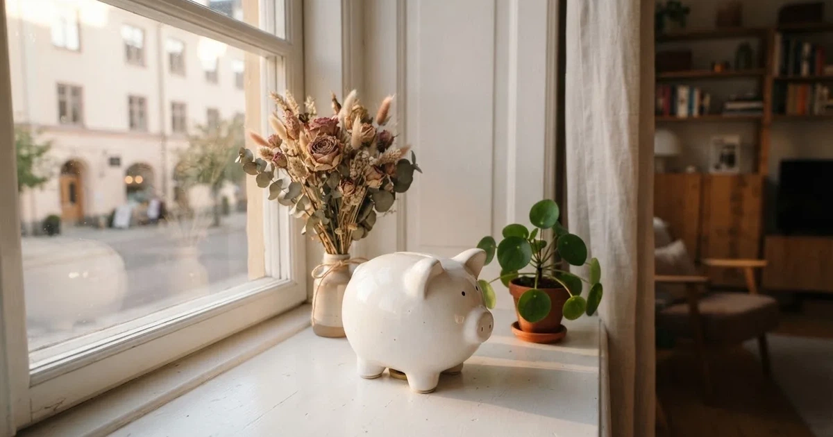 En porslinsgris på fönsterbrädan i morgonljus, bredvid en torkad blombukett och en grön växt — svenska casinon med boku
