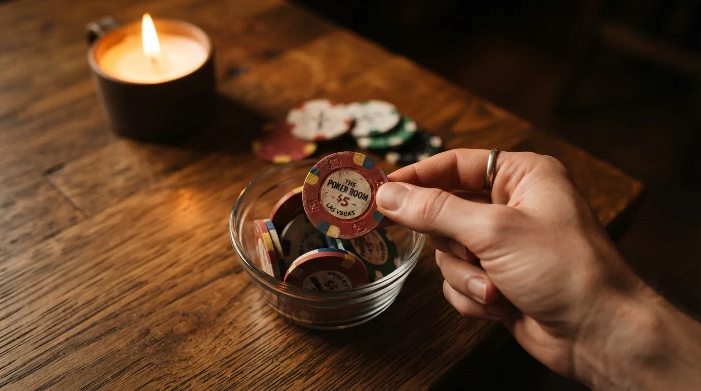 En hand lyfter en spelmark ur en skål, ljuslågan färgar bordet gyllenbrunt — svenska casinon med bonuskoder