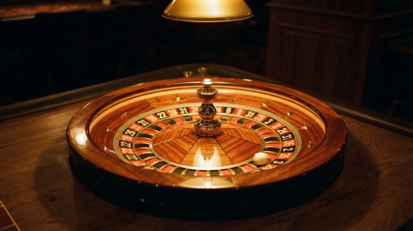Ett roulettehjul snurrar på ett blankt träbord, den vita kulan glimmar i takljusets guld — svenska casinon med brite