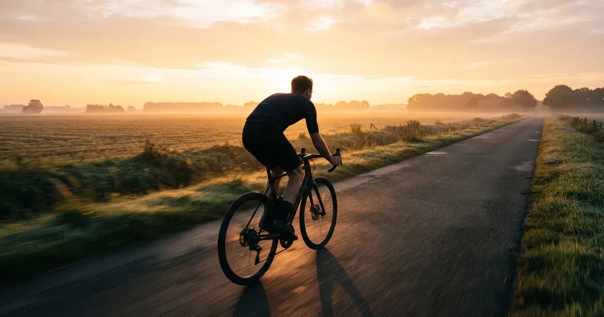 En cyklist susar längs en landsväg vid soluppgång, farten gör åkrarna suddiga i bakgrunden — svenska casinon med brite