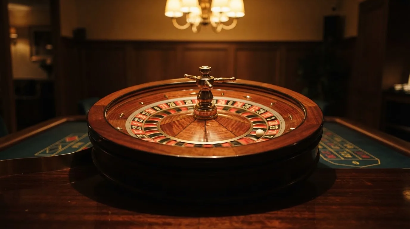 Ett roulettehjul snurrar på ett blankt träbord, den vita kulan glimmar i takljusets guld — svenska casinon med dogecoin