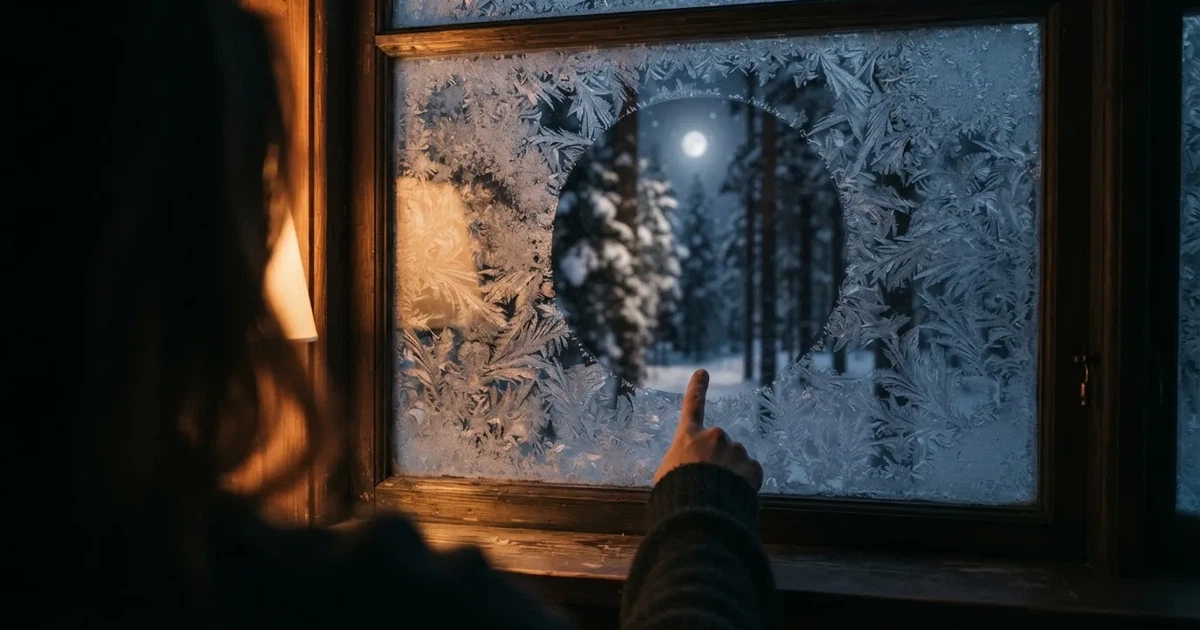 Frostig fönsterruta i ett svagt upplyst rum, en cirkel ritad med fingret och månbelyst skog bakom — svenska casinon med dogecoin