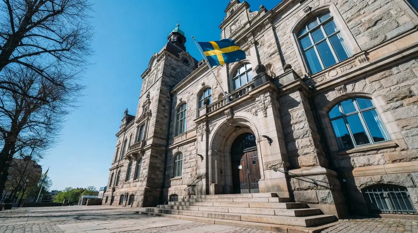 Ett gammalt stadshus i sten fotograferat underifrån mot en klarblå himmel, med den svenska flaggan som fladdrar ovanför entrén.