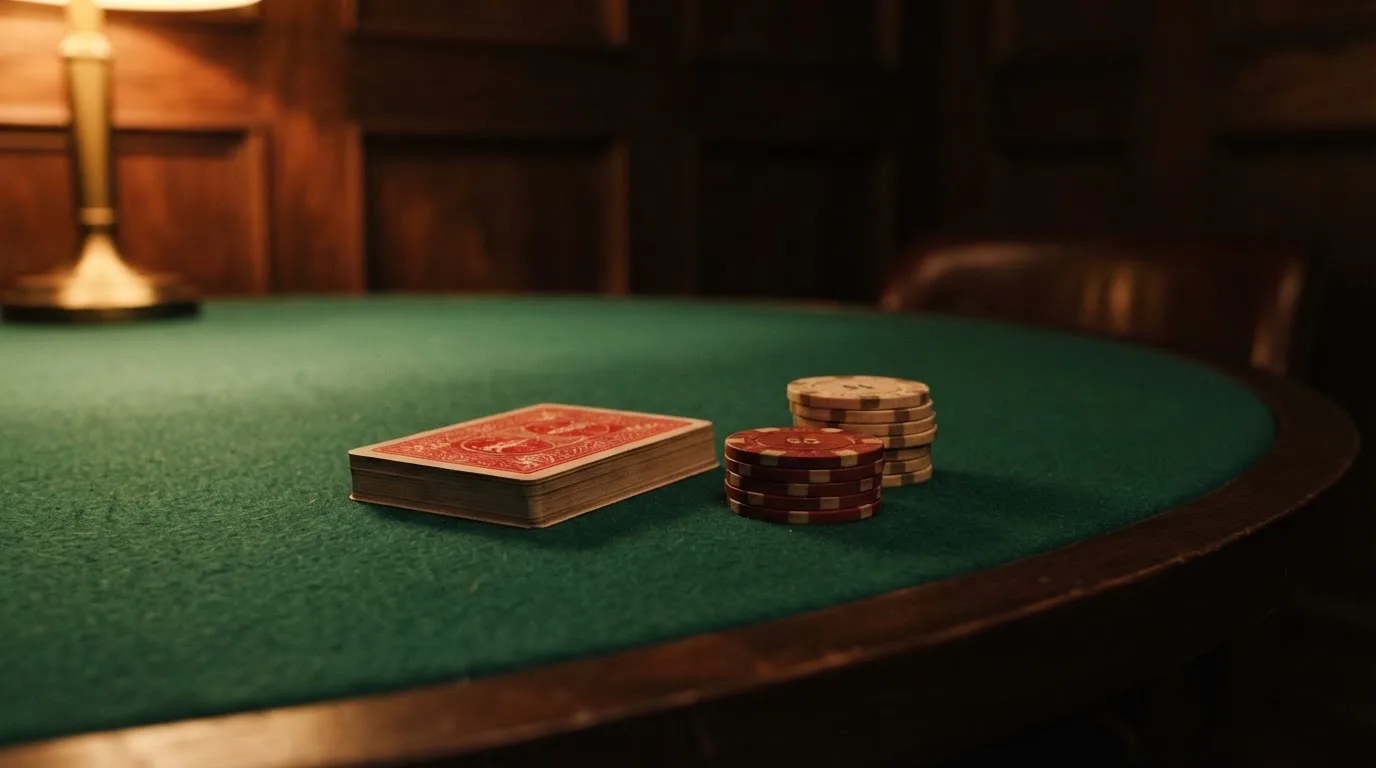 Kortlek och staplar av spelmarker på ett grönt filtbord i en dunkel salong, varmt lampsken — svenska casinon med faktura
