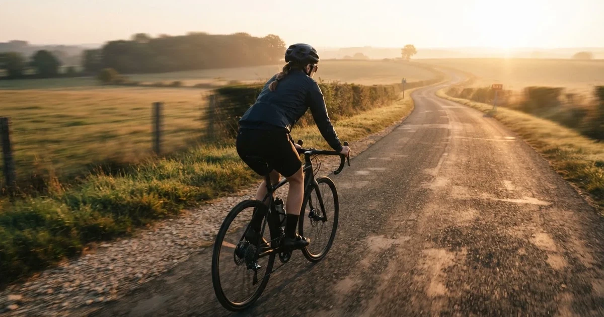 En cyklist susar längs en landsväg vid soluppgång, farten gör åkrarna suddiga i bakgrunden — svenska casinon med faktura
