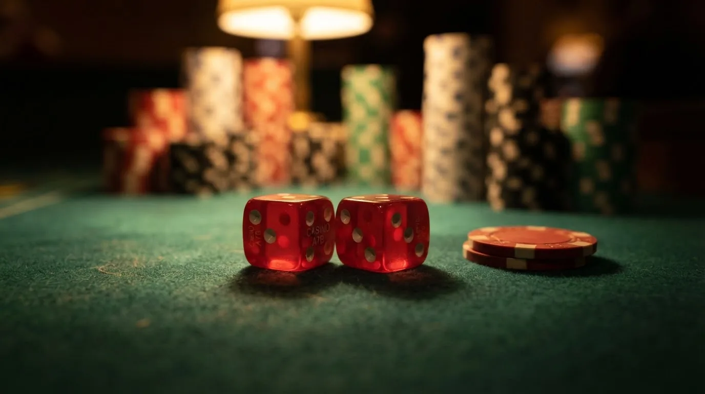 Röda tärningar vilar på grönt filt, bakom dem suddiga torn av spelmarker i kvällsdunklet — svenska casinon med google pay