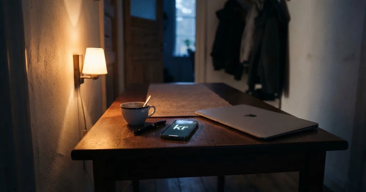 Kaffekopp och penna på ett smalt hallbord i skymning, en stängd bärbar dator vid sidan — svenska casinon med google pay