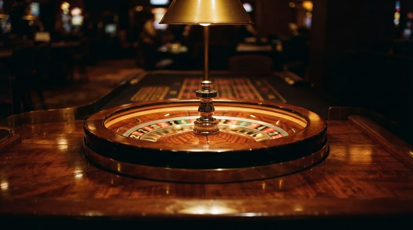 Ett roulettehjul snurrar på ett blankt träbord, den vita kulan glimmar i takljusets guld — svenska casinon med högst rtp