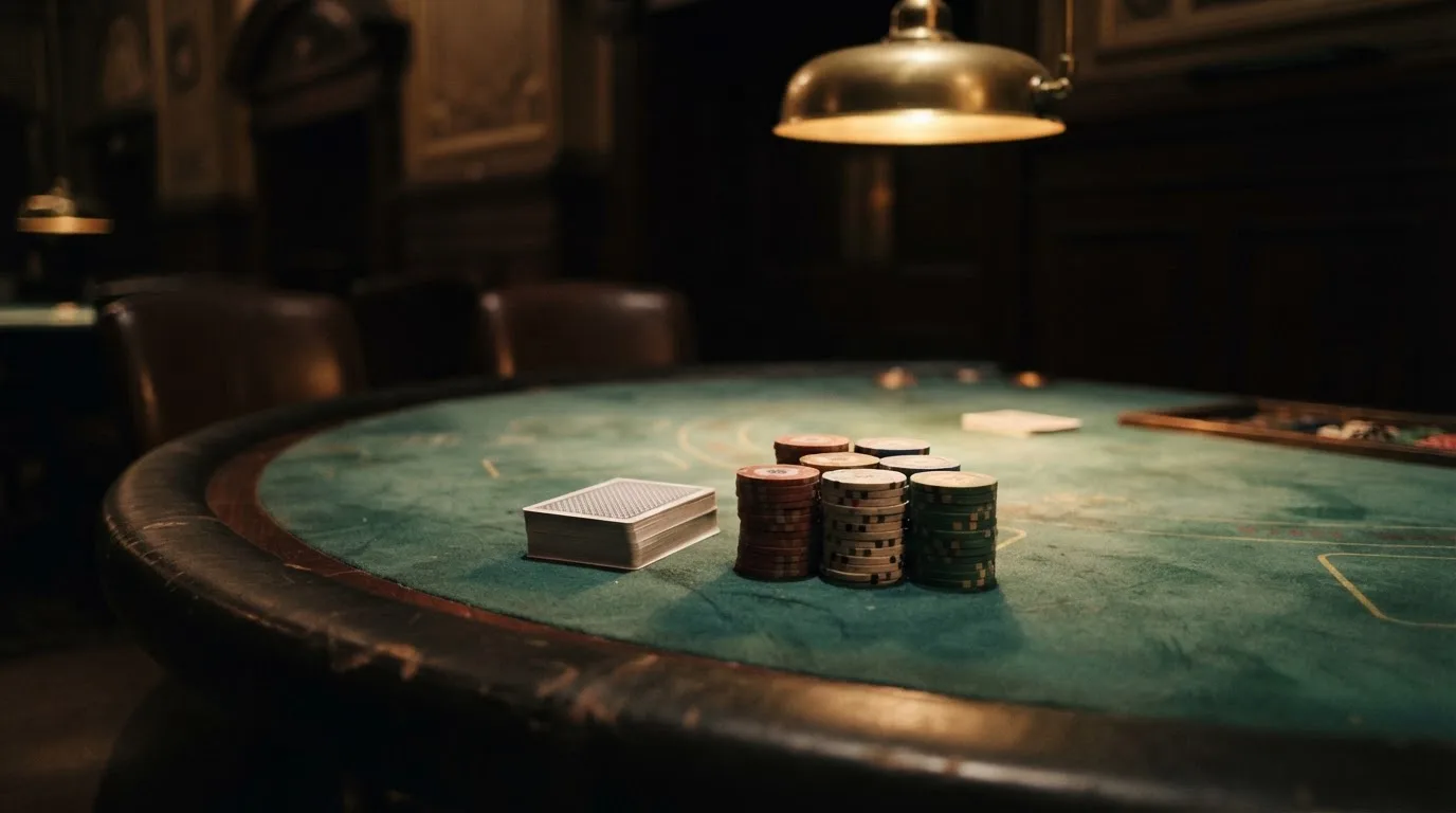 Kortlek och staplar av spelmarker på ett grönt filtbord i en dunkel salong, varmt lampsken — svenska casinon med jeton