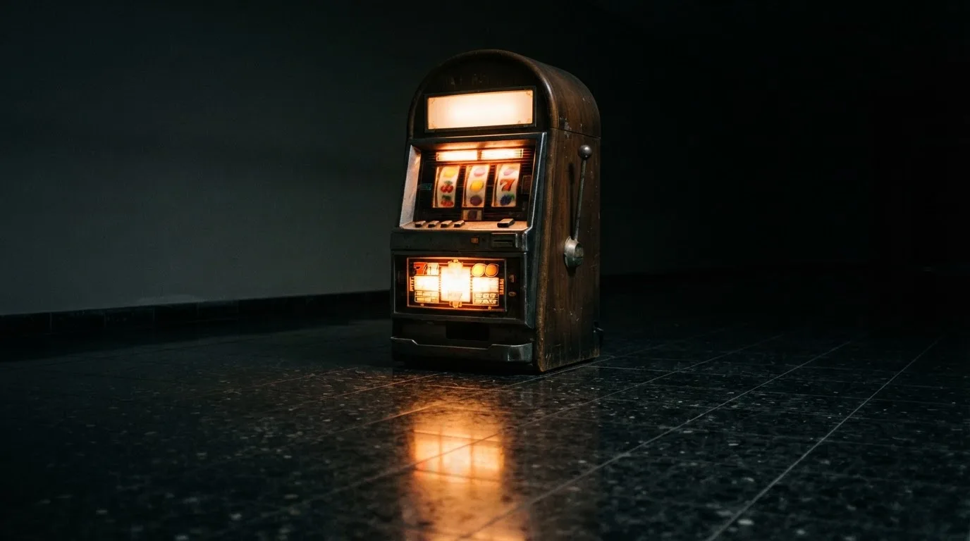 En gammal spelautomat lyser i den dunkla hallen och speglar sig i golvet — svenska casinon med keno