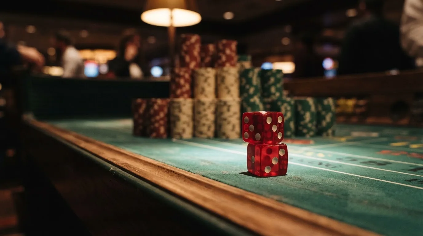 Röda tärningar vilar på grönt filt, bakom dem suddiga torn av spelmarker i kvällsdunklet — svenska casinon med klarna