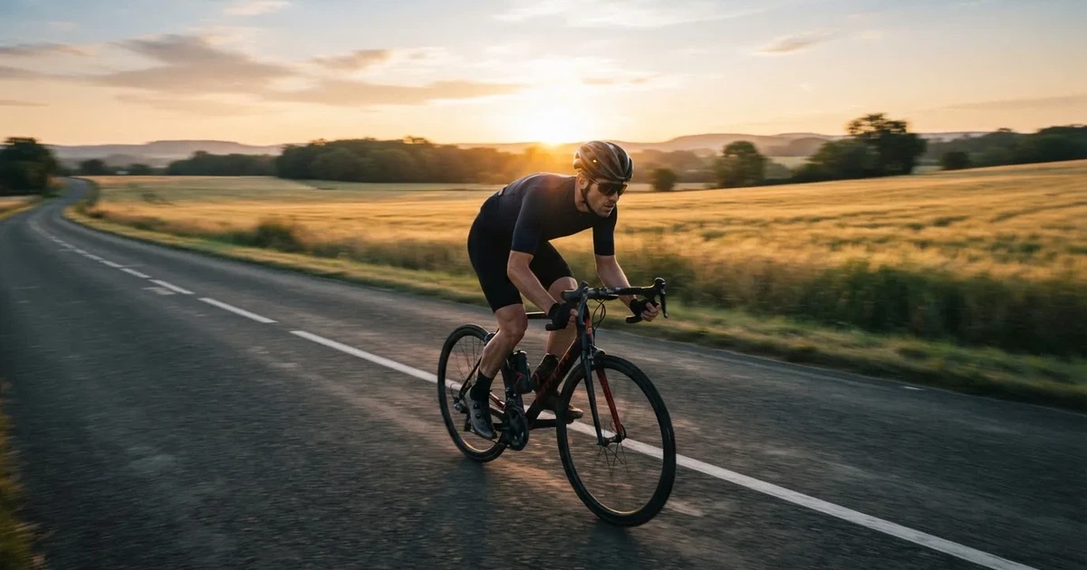 En cyklist susar längs en landsväg vid soluppgång, farten gör åkrarna suddiga i bakgrunden — svenska casinon med klarna