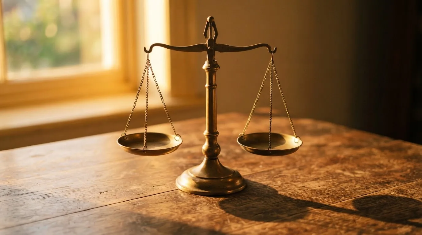 En balansvåg på ett träskrivbord, skålarna i jämvikt, gulaktigt kvällsljus från fönstret — svenska casinon med kortspel