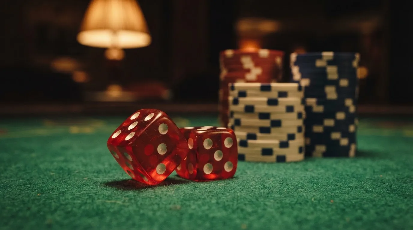 Röda tärningar vilar på grönt filt, bakom dem suddiga torn av spelmarker i kvällsdunklet — svenska casinon med litecoin