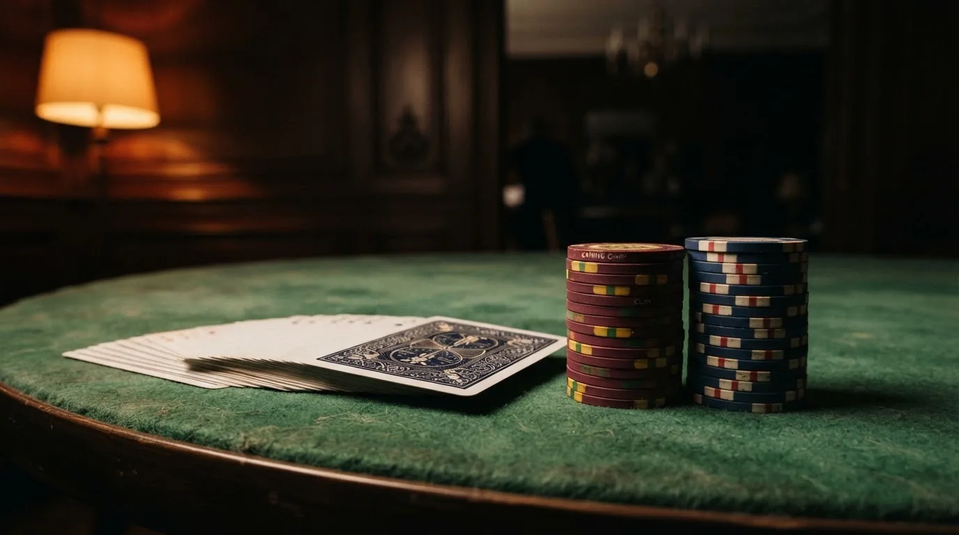 Kortlek och staplar av spelmarker på ett grönt filtbord i en dunkel salong, varmt lampsken — svenska casinon med mastercard
