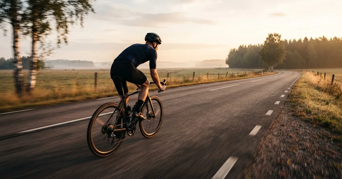En cyklist susar längs en landsväg vid soluppgång, farten gör åkrarna suddiga i bakgrunden — svenska casinon med mastercard