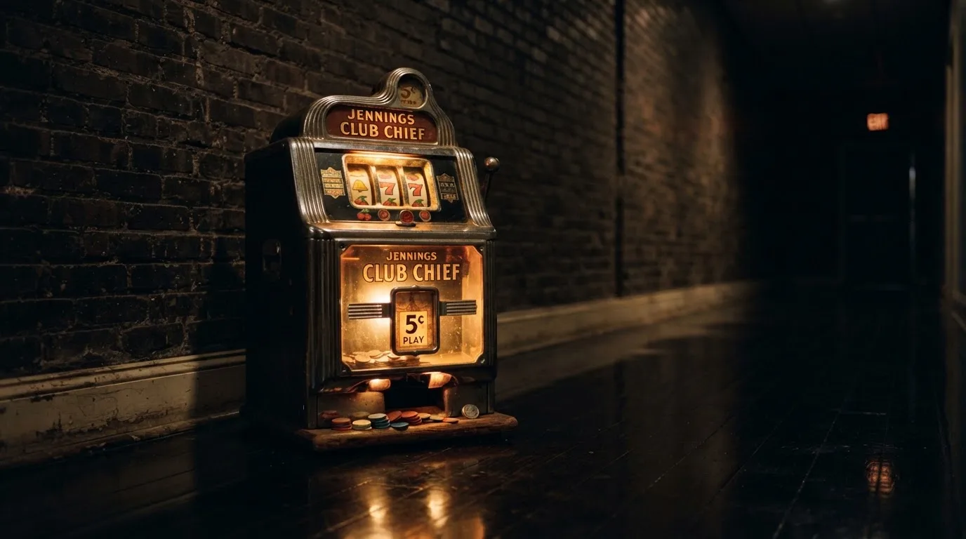 En gammal spelautomat lyser i den dunkla hallen och speglar sig i golvet — svenska casinon med mga licens