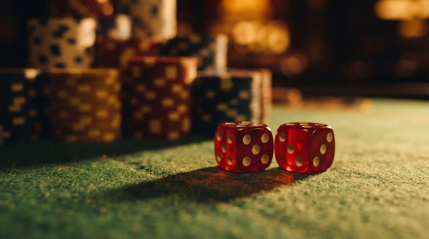 Röda tärningar vilar på grönt filt, bakom dem suddiga torn av spelmarker i kvällsdunklet — svenska casinon med neosurf