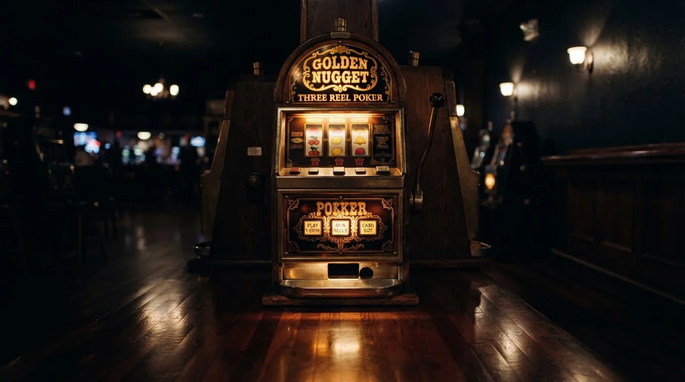 En gammal spelautomat lyser i den dunkla hallen och speglar sig i golvet — svenska casinon med neteller