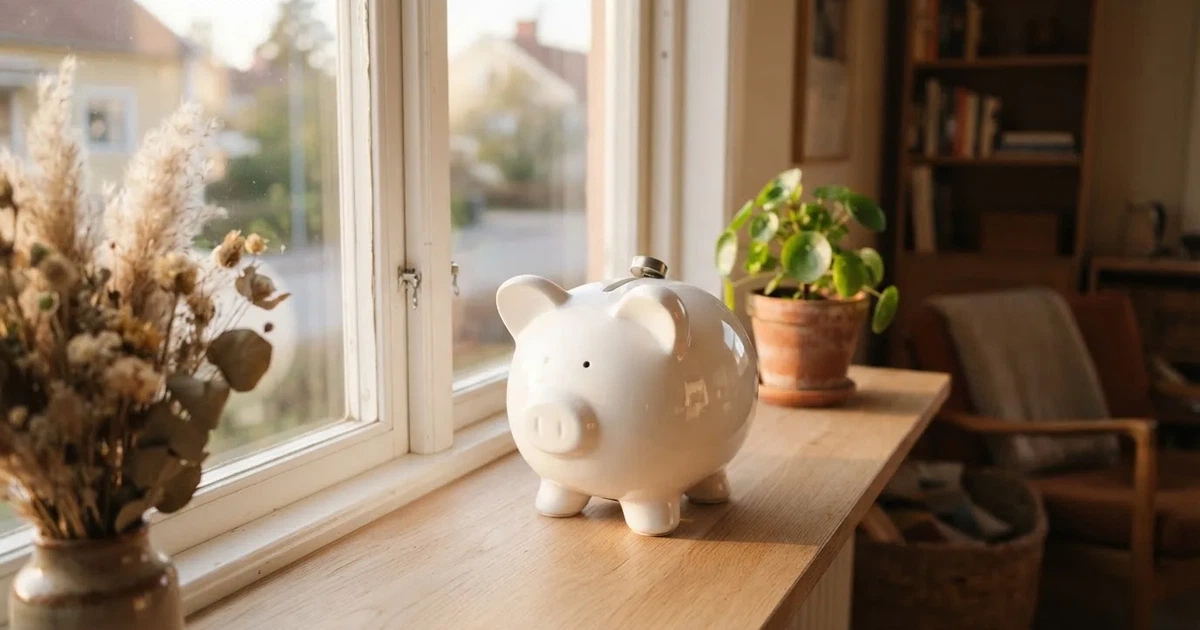 En porslinsgris på fönsterbrädan i morgonljus, bredvid en torkad blombukett och en grön växt — svenska casinon med neteller