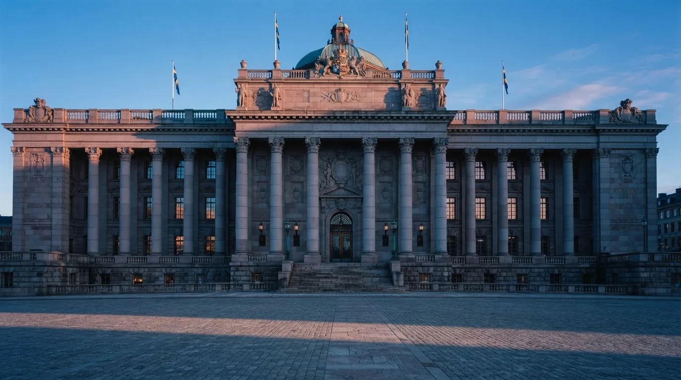 Stenfasad på en statlig byggnad i Stockholm vid gryning, höga pelare och ett tomt torg framför — svenska casinon med neteller