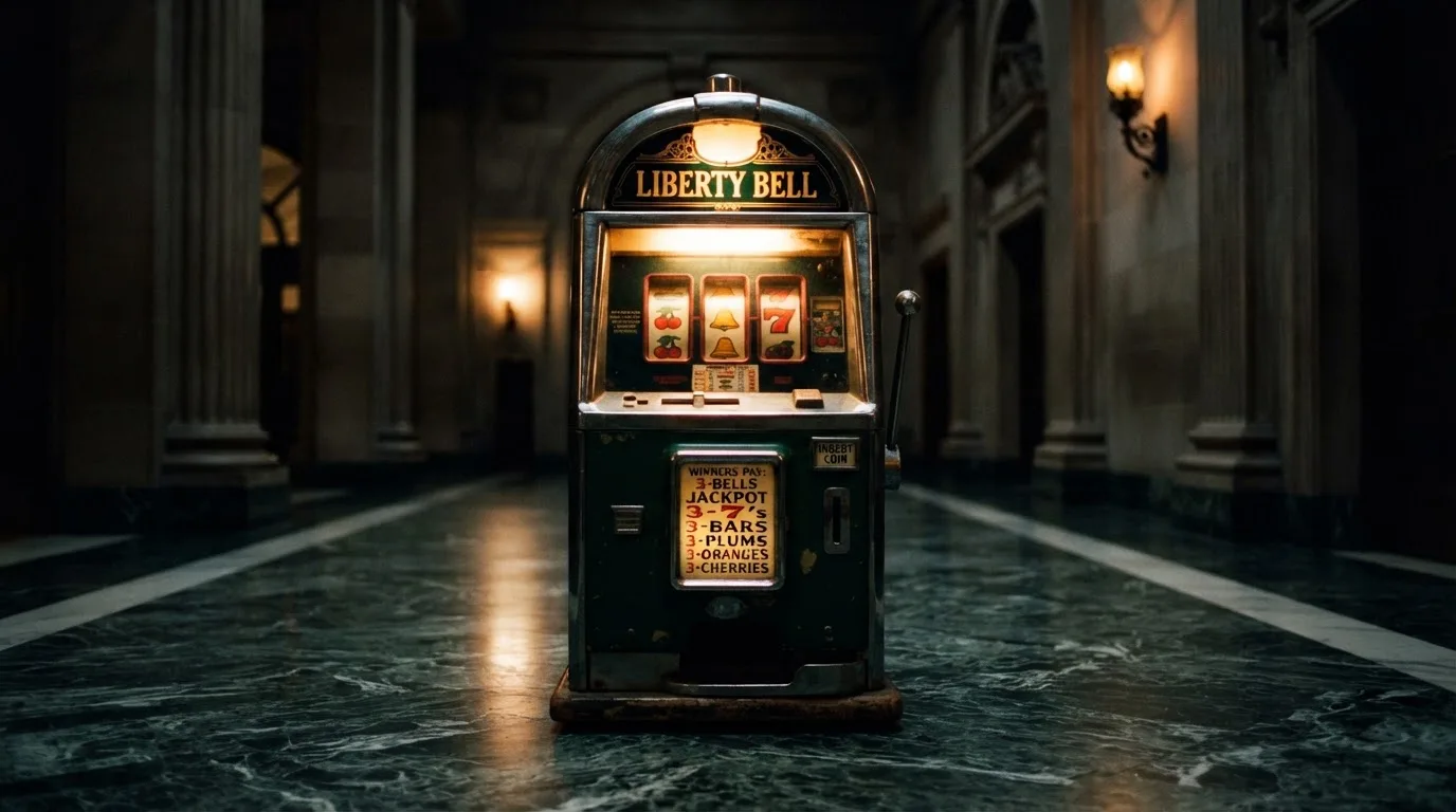 En gammal spelautomat lyser i den dunkla hallen och speglar sig i golvet — svenska casinon med paypal
