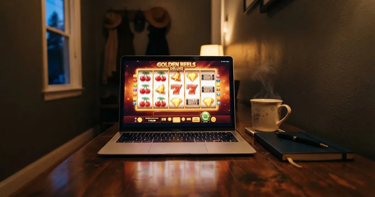 Kaffekopp och penna på ett smalt hallbord i skymning, en stängd bärbar dator vid sidan — svenska casinon med paypal