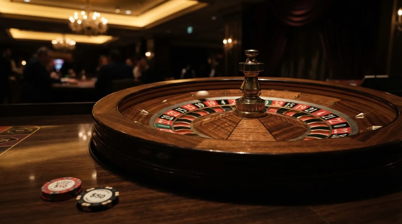Ett roulettehjul snurrar på ett blankt träbord, den vita kulan glimmar i takljusets guld — svenska casinon med paysafecard