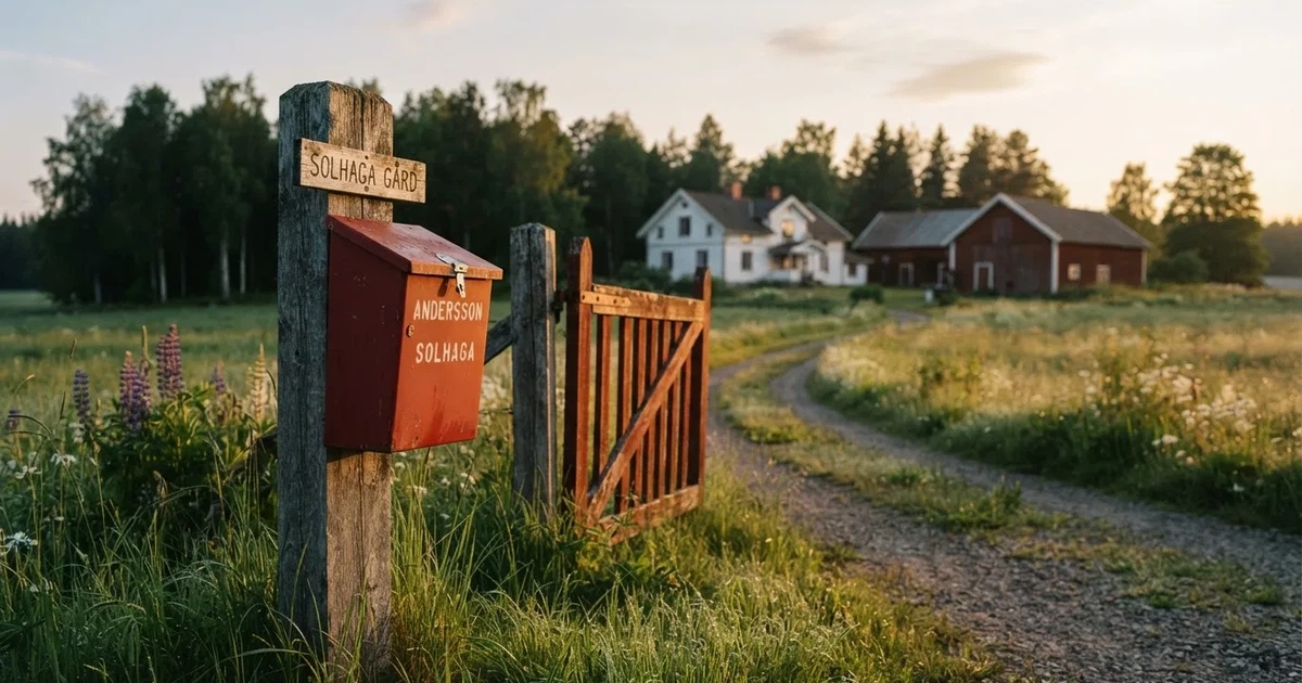 En röd brevlåda vid grinden till en lantgård en sommarkväll, daggigt gräs och långa skuggor — svenska casinon med paysafecard