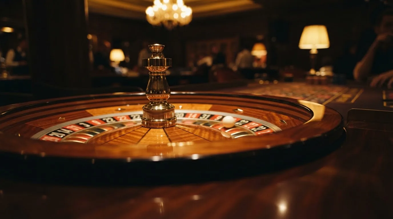 Ett roulettehjul snurrar på ett blankt träbord, den vita kulan glimmar i takljusets guld — svenska casinon med payz