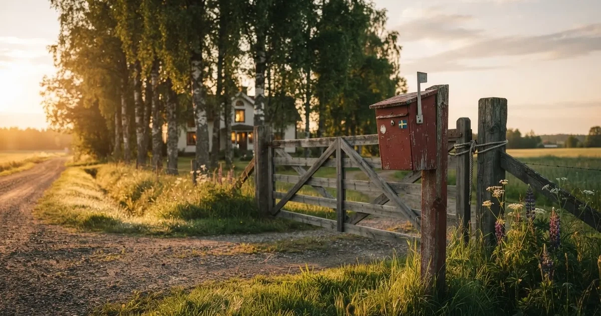 En röd brevlåda vid grinden till en lantgård en sommarkväll, daggigt gräs och långa skuggor — svenska casinon med payz
