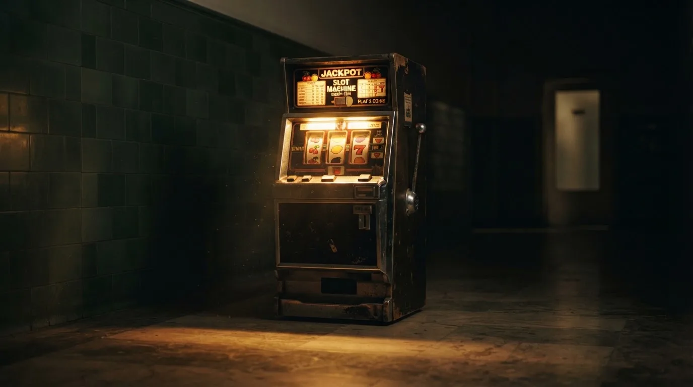 En gammal spelautomat lyser i den dunkla hallen och speglar sig i golvet — svenska casinon med siru