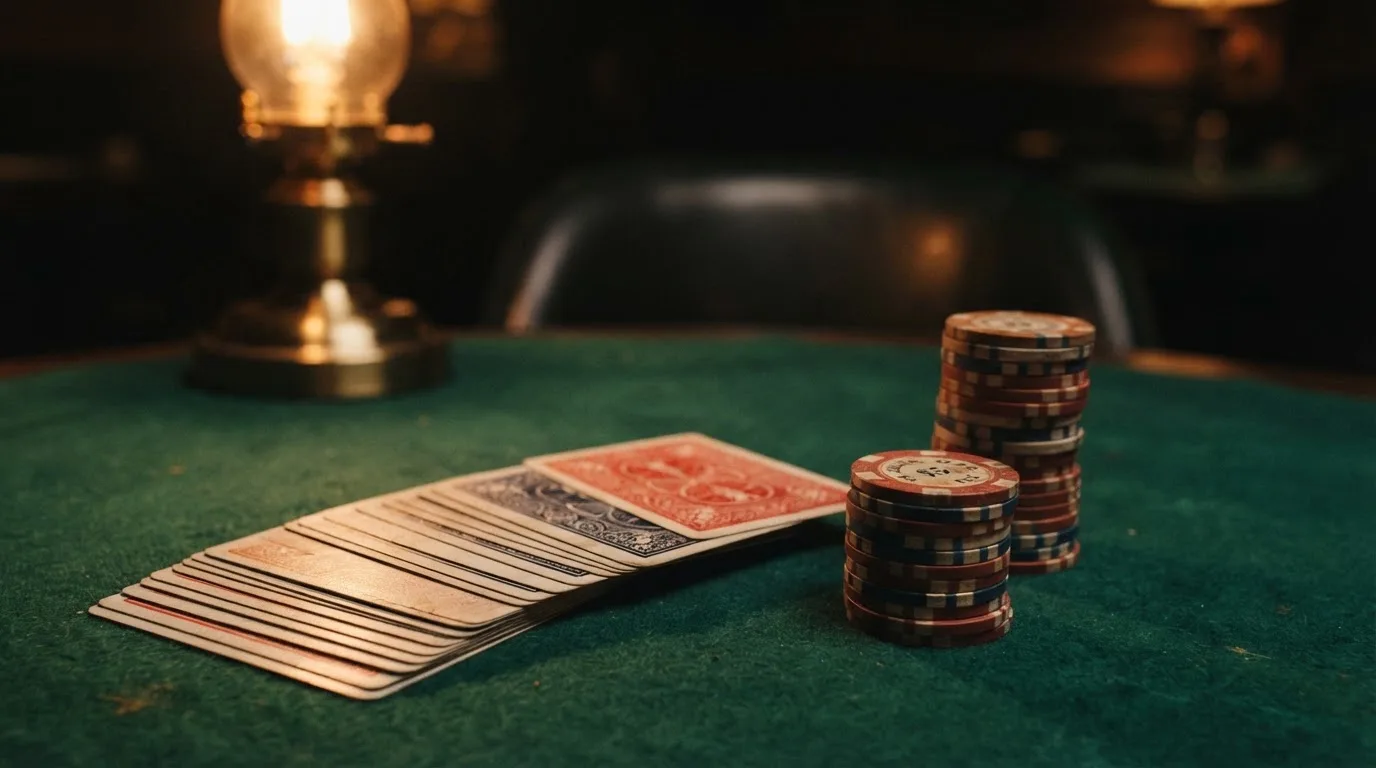 Kortlek och staplar av spelmarker på ett grönt filtbord i en dunkel salong, varmt lampsken — svenska casinon med skrill