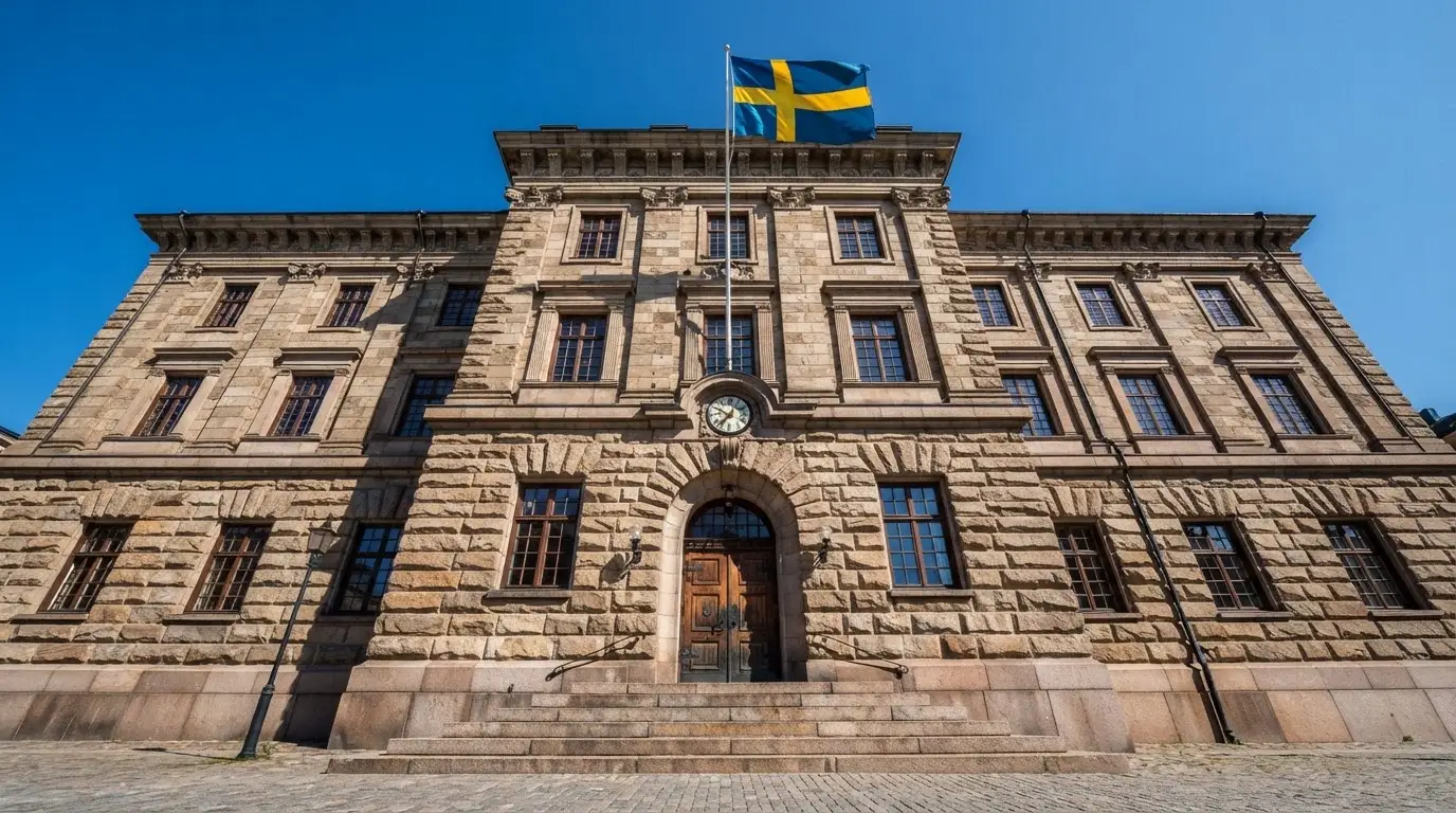 Ett gammalt stadshus i sten fotograferat underifrån mot en klarblå himmel, med den svenska flaggan som fladdrar ovanför entrén.