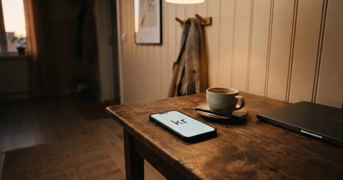 Kaffekopp och penna på ett smalt hallbord i skymning, en stängd bärbar dator vid sidan — svenska casinon med swish