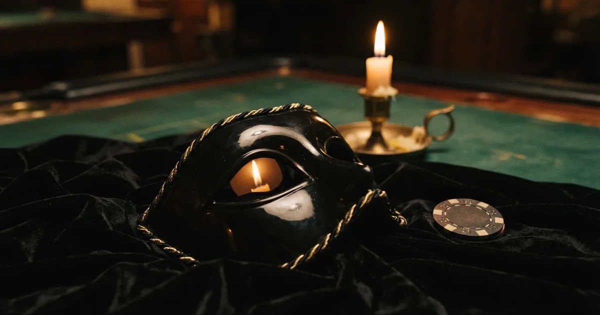 En venetiansk mask på svart sammet, ljuslågan speglas i dess blanka yta — svenska casinon med tether